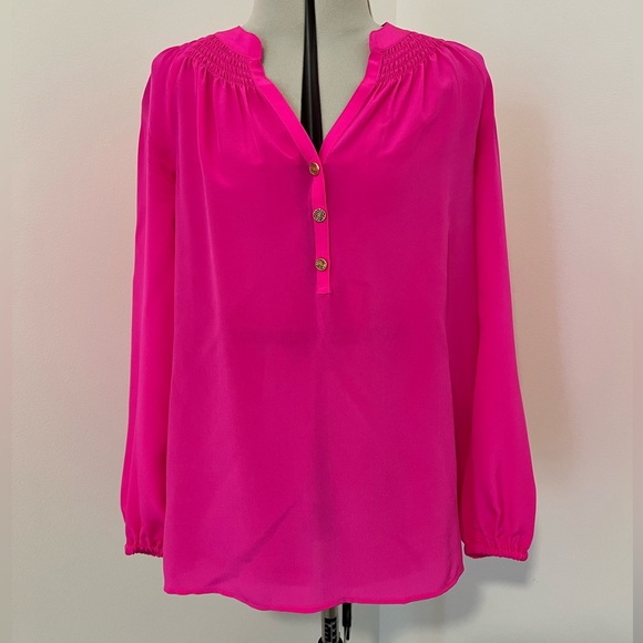 Lilly Pulitzer 100% Silk Elsa Blouse in Passion Fruit Pink XXS - Picture 1 of 5